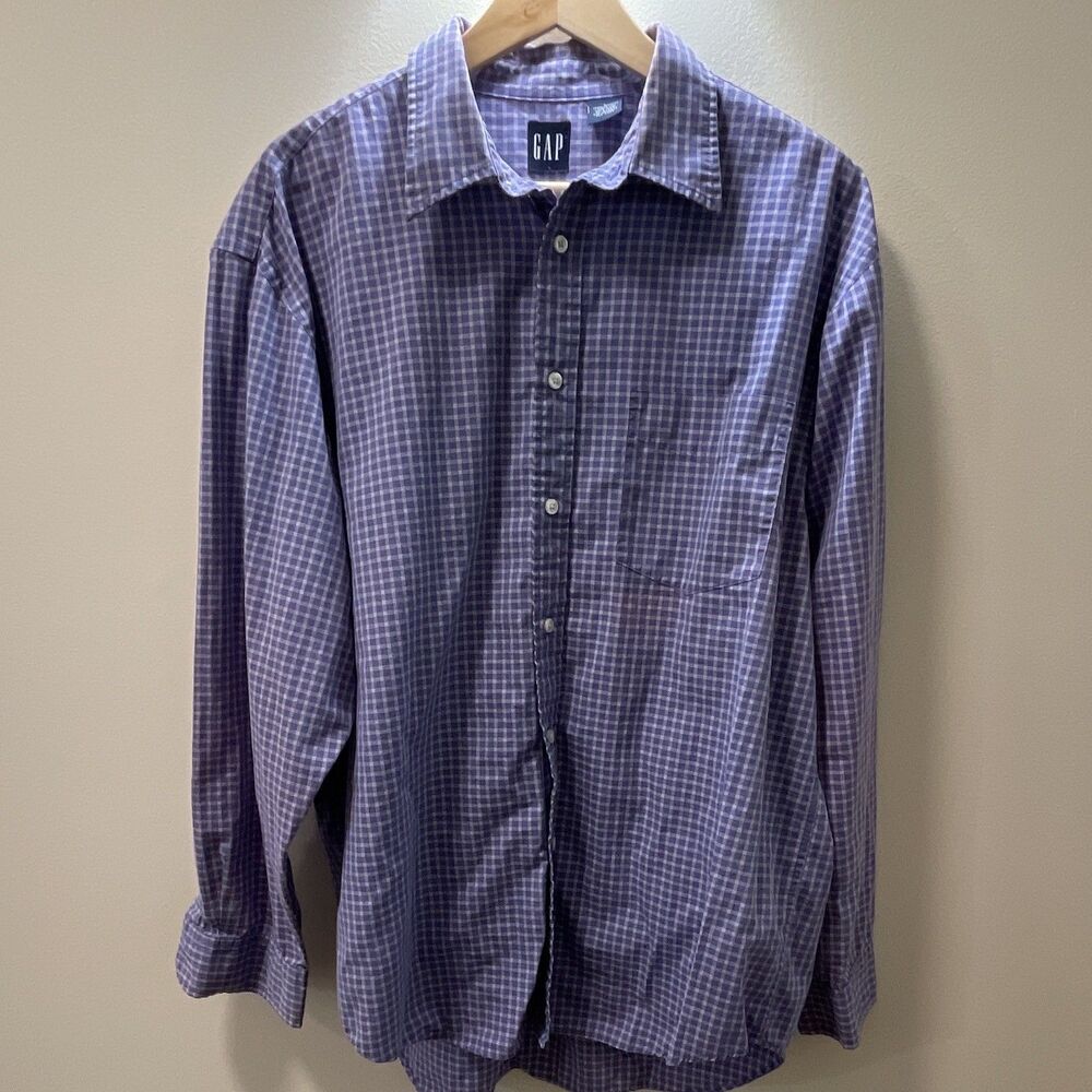 Vintage 90s Gap Men L Cotton Gingham Purple Dress Shirt Preppy Y2K Academia